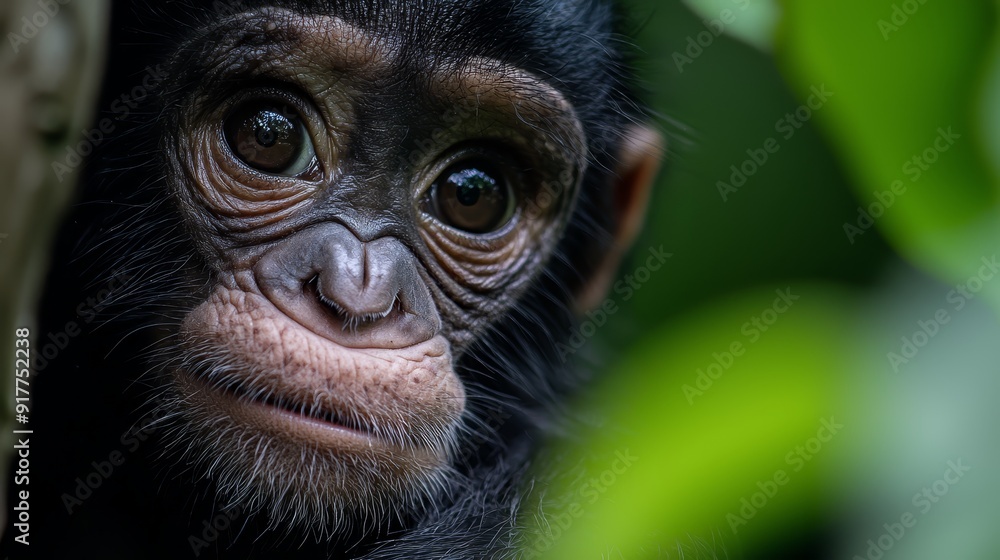 A monkey's face, tightly framed by leafy tree branch, emerges against a softly blurred background A monkey's face, tightly framed by leafy tree branch, emerges against a softly blurred background