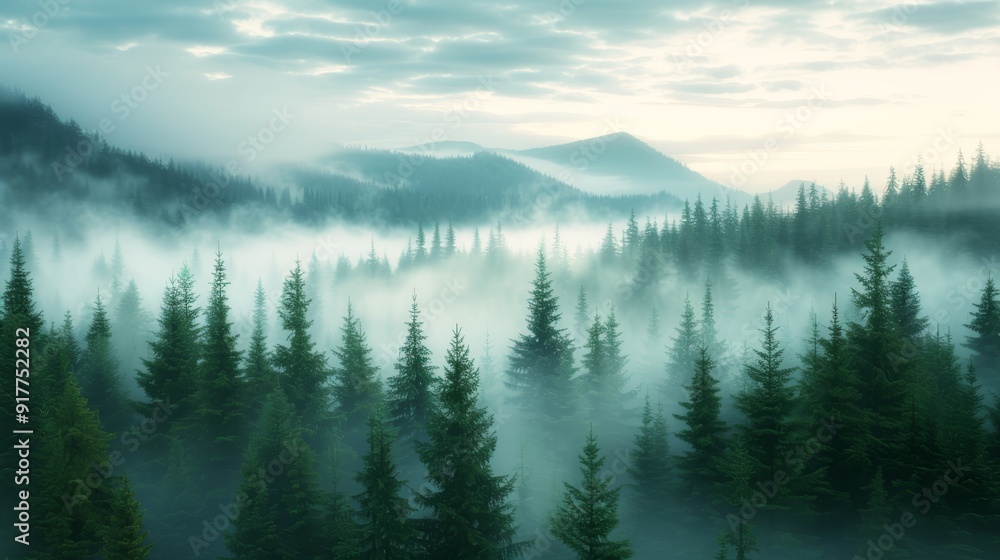 Misty Mountain Forest Landscape with Pine Trees Misty Mountain Forest Landscape with Pine Trees