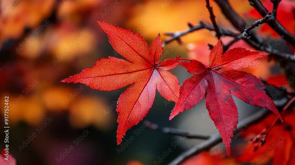 A branch displaying red foliage against a softly blurred backdrop of yellow, orange, and red autumn leaves A branch displaying red foliage against a softly blurred backdrop of yellow, orange, and red autumn leaves