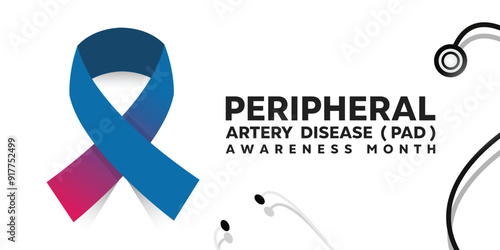 National Peripheral Artery Disease (PAD) Awareness Month. Ribbon and stethoscope. Great for cards, banners, posters, social media and more. White background.
