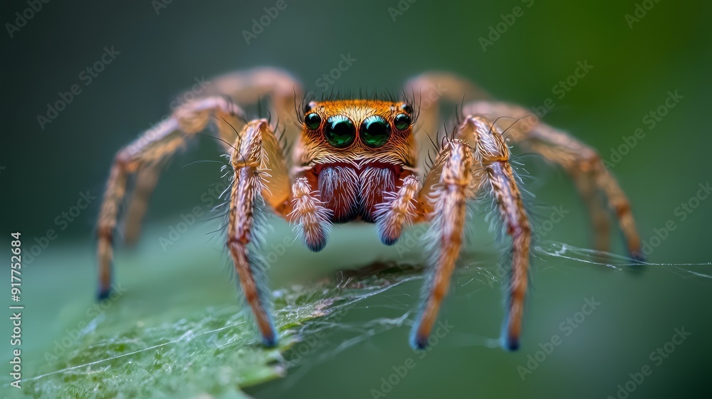 A tight shot of a jumping spider on a leaf, background blurred with green foliage A tight shot of a jumping spider on a leaf, background blurred with green foliage