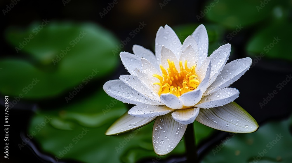 A white water lily with water droplets on its petals In the background, a green leafy plant A white water lily with water droplets on its petals In the background, a green leafy plant