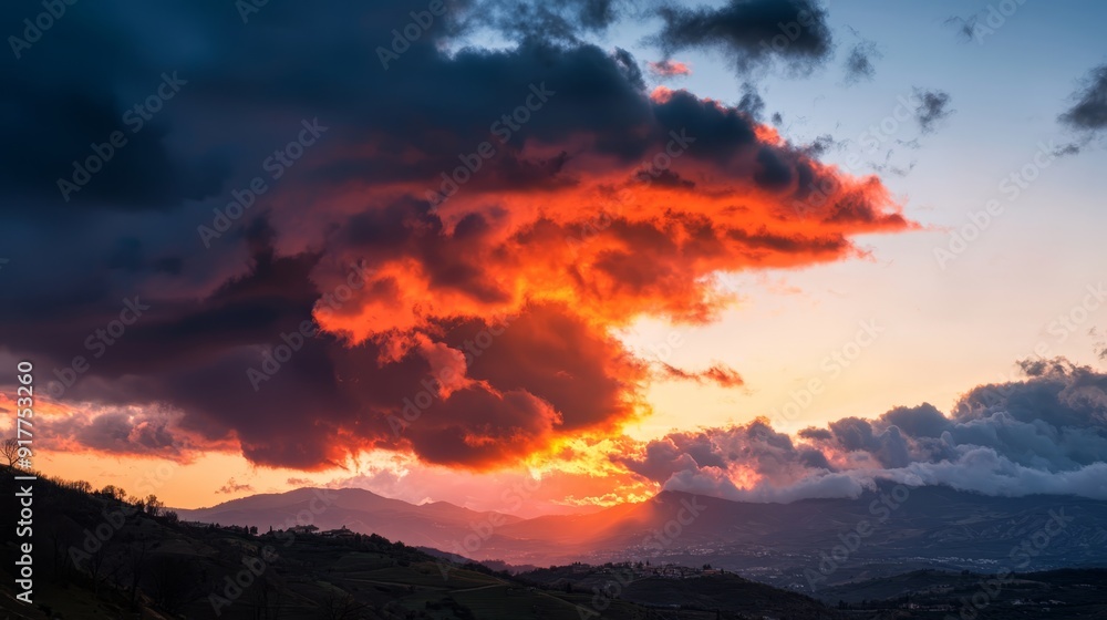 Sun sets over mountain range, clouds in sky, trees in foreground, mountains in distance Sun sets over mountain range, clouds in sky, trees in foreground, mountains in distance
