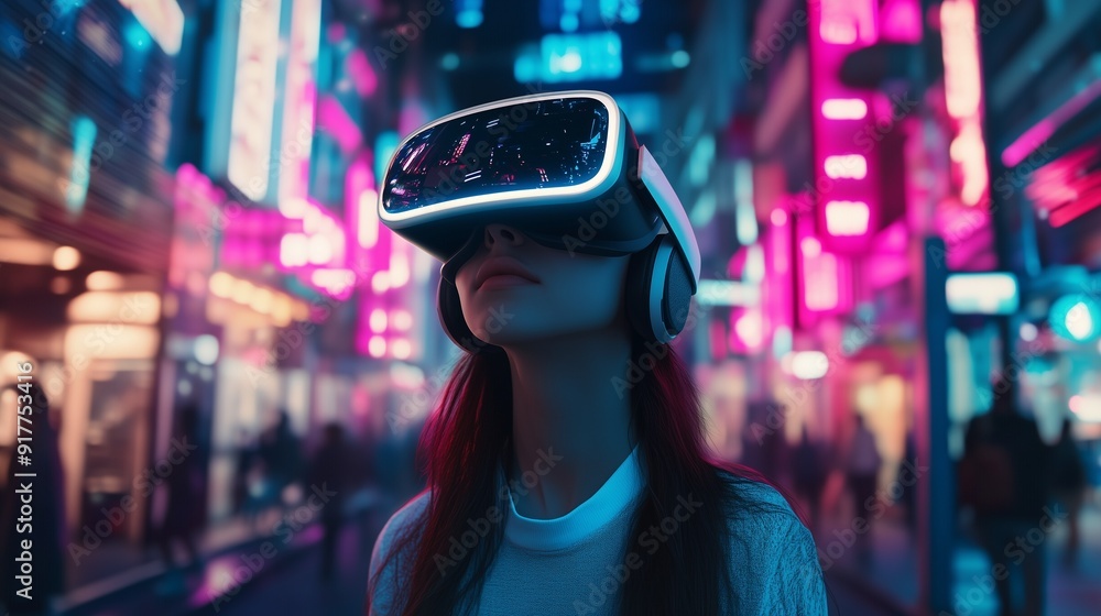 Woman exploring the metaverse with VR headset in a neon-lit cityscape Woman exploring the metaverse with VR headset in a neon-lit cityscape