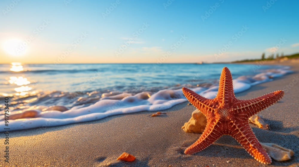Tropical beach with sea star in sand close up. Neural network ai generated art Tropical beach with sea star in sand close up. Neural network ai generated art