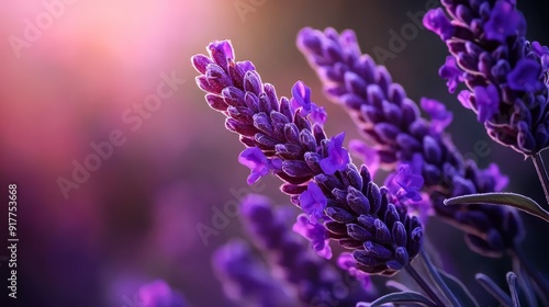  A tight shot ofpurple lavender blooms, background softly blurred with more flowers photo