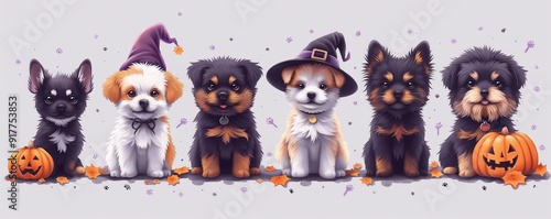 Illustration of Adorable Puppies in Halloween Costumes With Pumpkins and Autumn Leaves on a Light Background, Perfect for Festive Pet Art