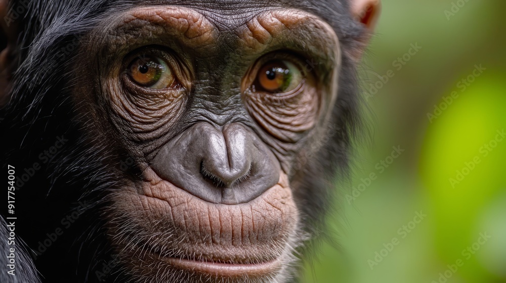 A tight shot of a monkey's face with out-of-focus trees and bushes behind it A tight shot of a monkey's face with out-of-focus trees and bushes behind it
