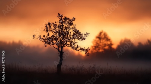  A solitary tree in a field, surrounded by foggy sky, hosts a setting sun in the distance