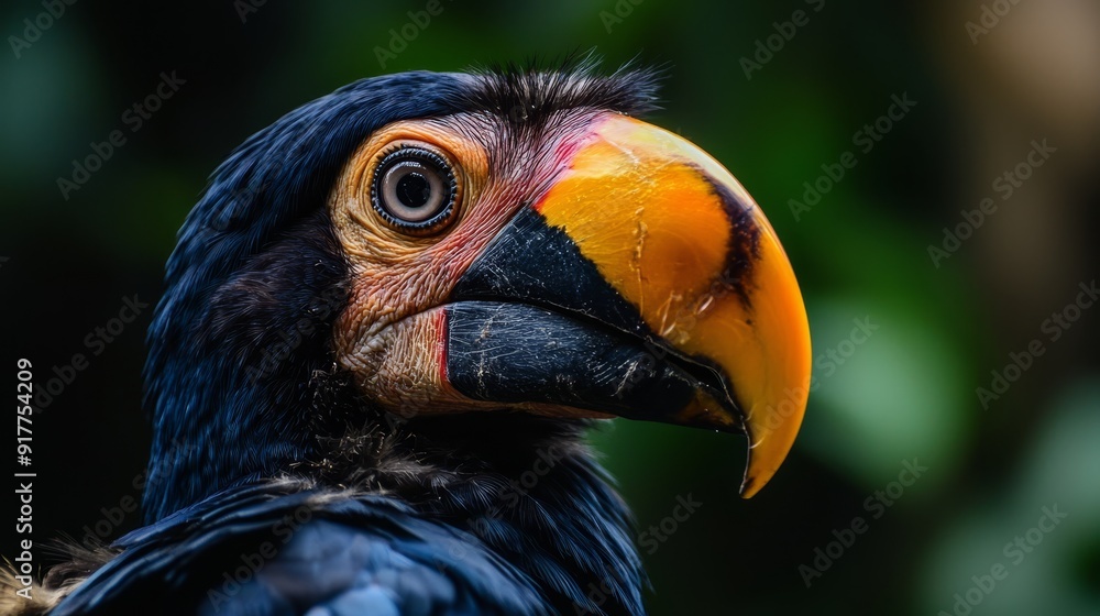 black and yellow beak, orange beak Green foliage backdrop black and yellow beak, orange beak Green foliage backdrop