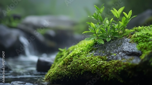  A tiny plant sprouts from a moss-covered rock amidst a stream, surrounded by background rocks