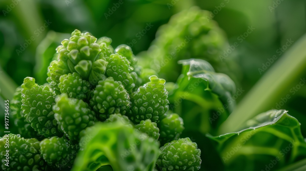 A tight shot of broccoli sprouts, their tops dotted with water droplets A tight shot of broccoli sprouts, their tops dotted with water droplets