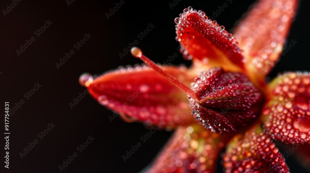 Close-up of a red flower against a black backdrop, with water droplets on its petals Close-up of a red flower against a black backdrop, with water droplets on its petals
