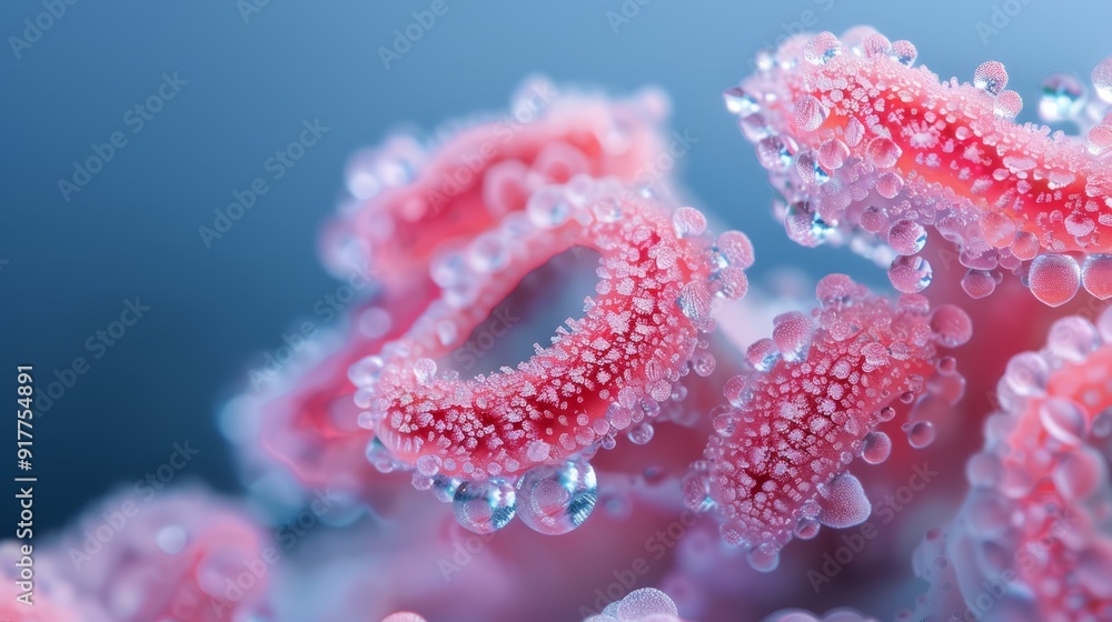 A tight shot of a pink substance speckled with water droplets, both on its surface and forming tiny pools A tight shot of a pink substance speckled with water droplets, both on its surface and forming tiny pools
