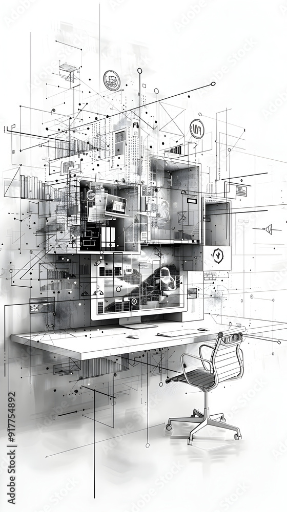 Overhead Business Office with Digital Dashboards and Tech Overlay Workflow Management Concept Overhead Business Office with Digital Dashboards and Tech Overlay Workflow Management Concept