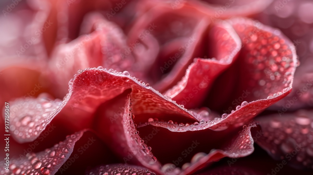 Close-up of a red rose with dewdrops and blurred water droplet backdrop on petals Close-up of a red rose with dewdrops and blurred water droplet backdrop on petals