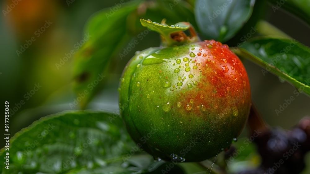 A red and green apple, in tight focus, dangle from a tree branch, adorned with water droplets at their tips A red and green apple, in tight focus, dangle from a tree branch, adorned with water droplets at their tips