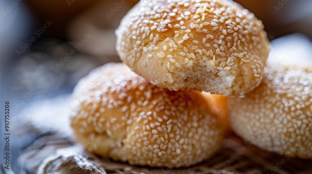 A stack of sesame seed buns on parchment paper A stack of sesame seed buns on parchment paper