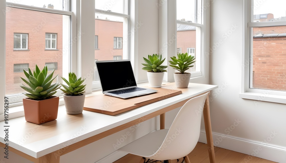 Modern office interior. A minimalist home office with a wooden desk, a laptop, a potted plant, and a framed botanical print on the wall Modern office interior. A minimalist home office with a wooden desk, a laptop, a potted plant, and a framed botanical print on the wall