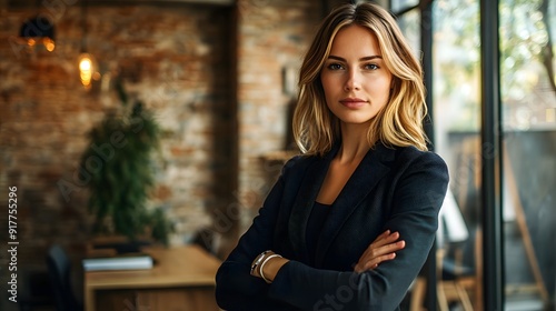 Confident Business Pose: A businesswoman in a power suit, confidently posing with arms crossed in a modern office. 