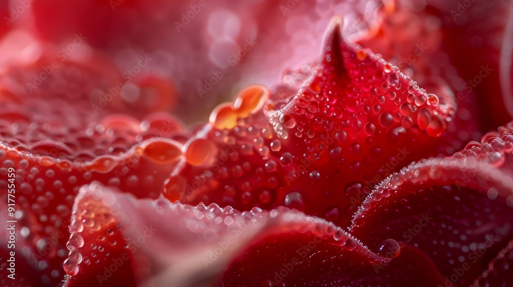 A tight shot of a red flower dripping with water droplets, accompanied by a frontal red rose in the near foreground A tight shot of a red flower dripping with water droplets, accompanied by a frontal red rose in the near foreground