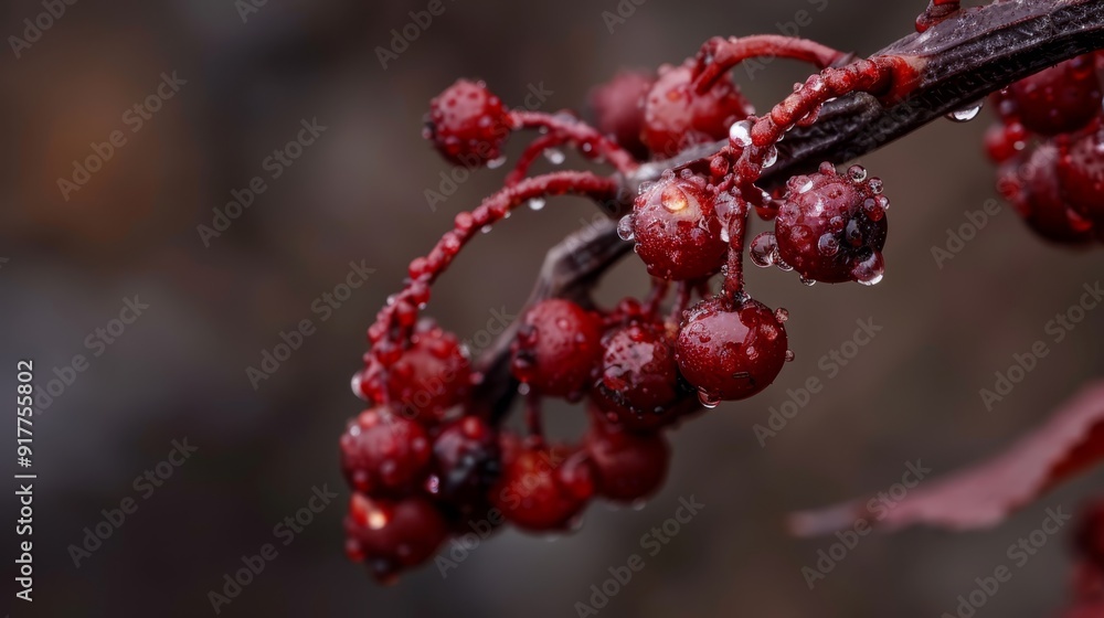 A tight shot of ripe berries clustered on a tree branch, adorned with water beads on both fruits and leaves A tight shot of ripe berries clustered on a tree branch, adorned with water beads on both fruits and leaves