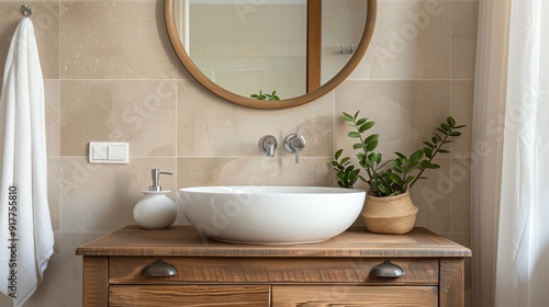 A chic bathroom with refurbished vintage vanity and modern mirror