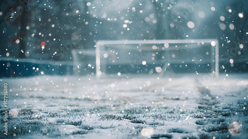 A snowy soccer field with a goal 