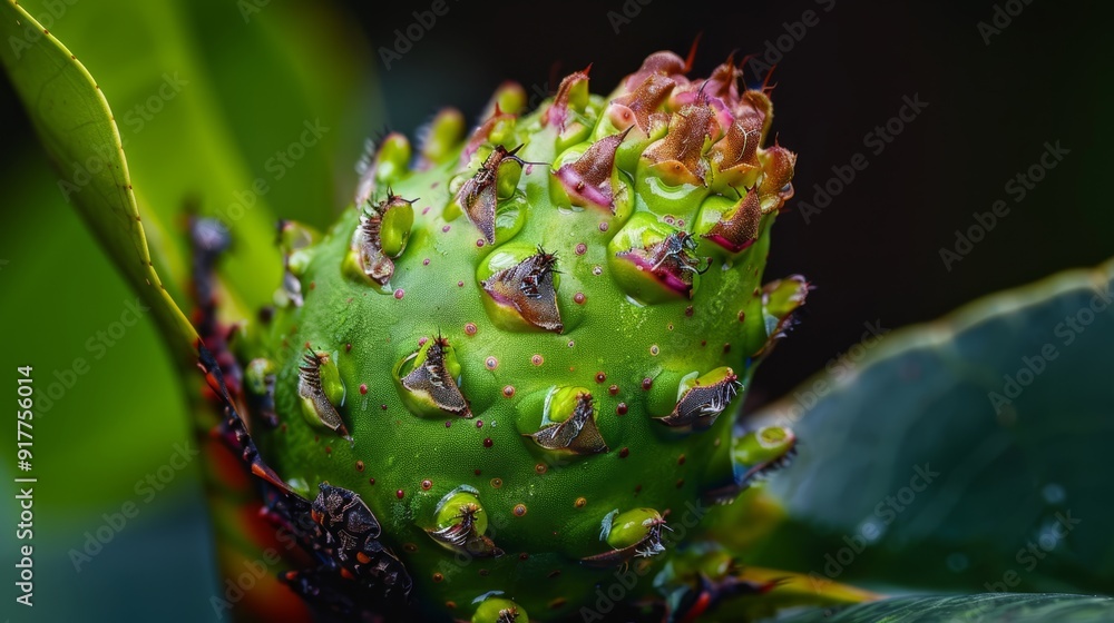 A tight shot of a green cactus with insects swarming its rear end and verdant leaves in the backdrop A tight shot of a green cactus with insects swarming its rear end and verdant leaves in the backdrop