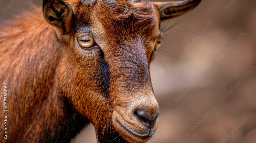A goat's face in sharp focus, background softly blurred A goat's face in sharp focus, background softly blurred