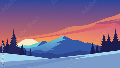 Winter scene showcasing snow-laden trees against a backdrop of a bright, colorful sky flat vector illustration