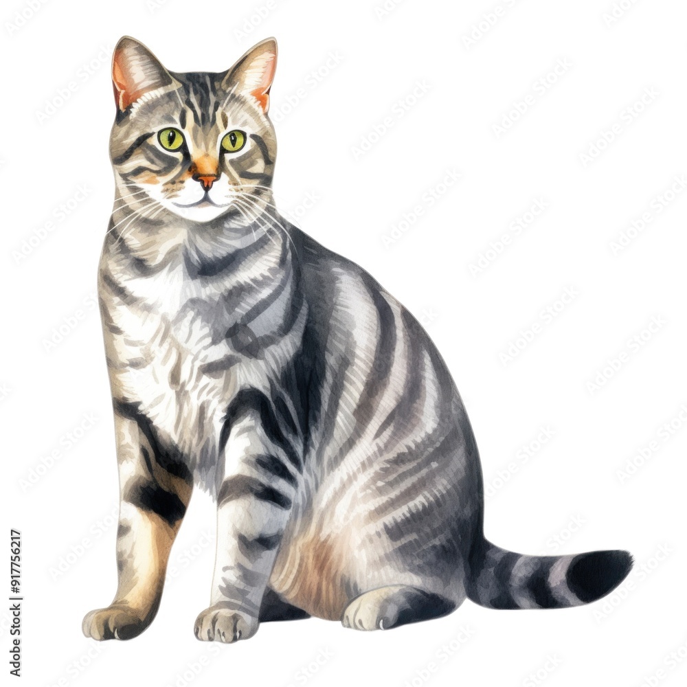Fototapeta premium Beautiful Watercolor Illustration of a Grey Striped Tabby Cat - Perfect for Pet Lovers and Animal Art Collections