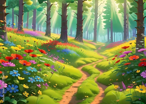 Beautiful summer forest with flowers