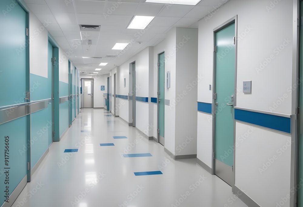 Obraz premium Corridor in a hospital. A long, well-lit hospital corridor with white walls, blue trim, and several closed doors along the sides. The floor is tiled with a blue and white pattern