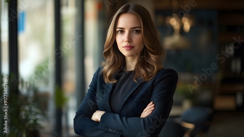 Confident Business Pose: A businesswoman in a power suit, confidently posing with arms crossed in a modern office. 