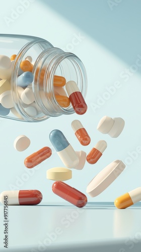 Creative illustration of nutritional supplements and vitamins spilling from a bottle photo