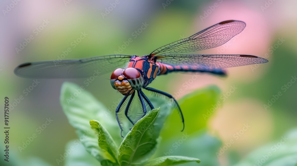 A red-and-blue dragonfly perches on a green, leafy plant against a blurred background A red-and-blue dragonfly perches on a green, leafy plant against a blurred background