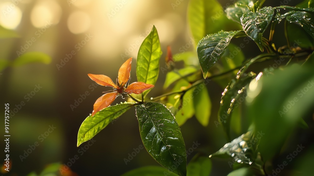 A tight shot of an orange blossom on a tree branch, adorned with dewdrops on its leaves Sunlight bathes the scene from behind A tight shot of an orange blossom on a tree branch, adorned with dewdrops on its leaves Sunlight bathes the scene from behind