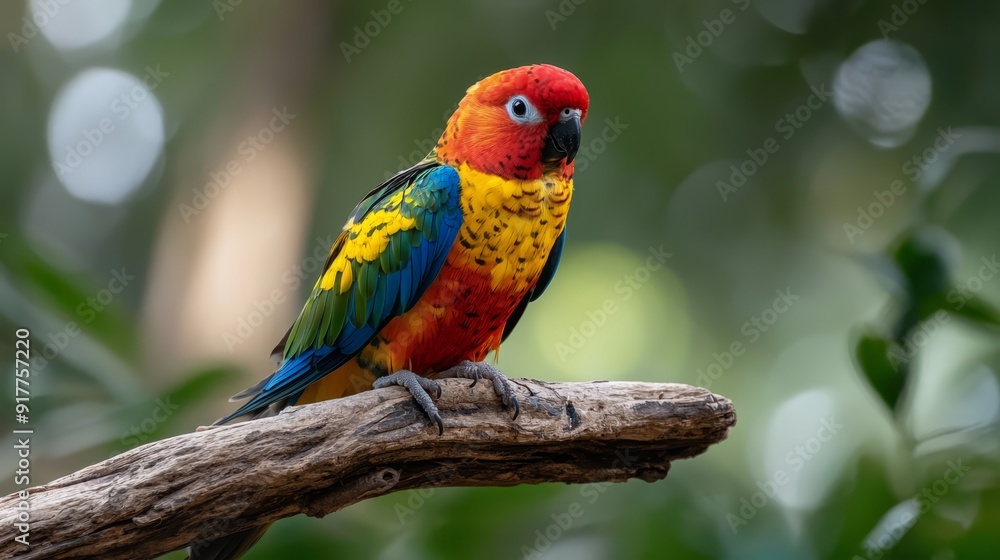 colorful bird sits atop a tree branch against a sharp contrast of a verdant forest behind it colorful bird sits atop a tree branch against a sharp contrast of a verdant forest behind it