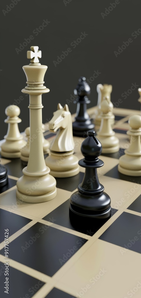 A close-up view of a chessboard featuring intricately designed black and white chess pieces in an intense game setup. A close-up view of a chessboard featuring intricately designed black and white chess pieces in an intense game setup.
