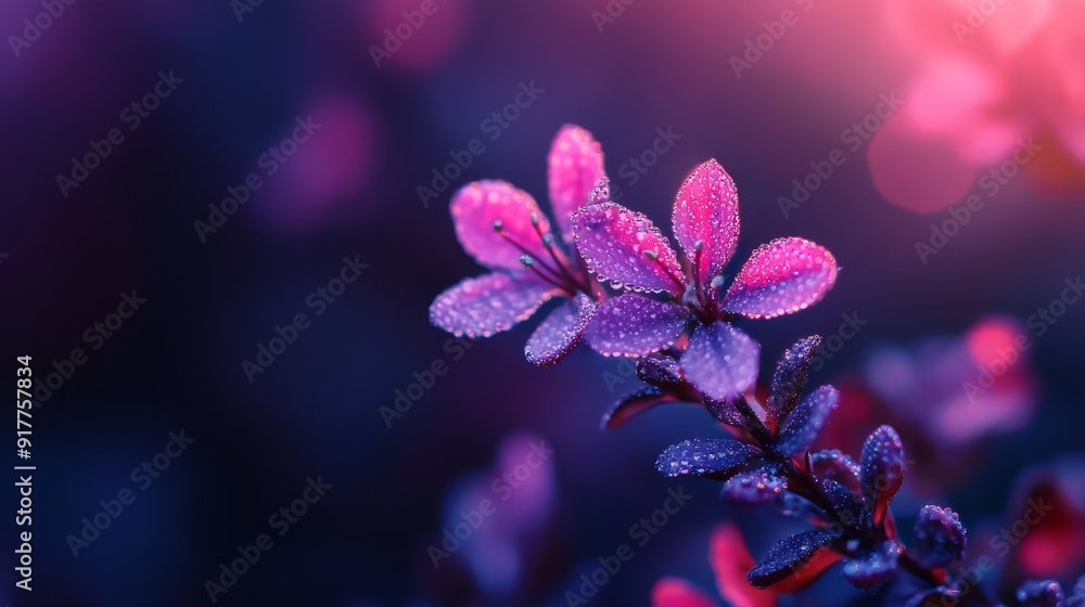 A tight shot of a purple bloom, adorned with dewdrops on its petals, against a soft, indistinct backdrop A tight shot of a purple bloom, adorned with dewdrops on its petals, against a soft, indistinct backdrop