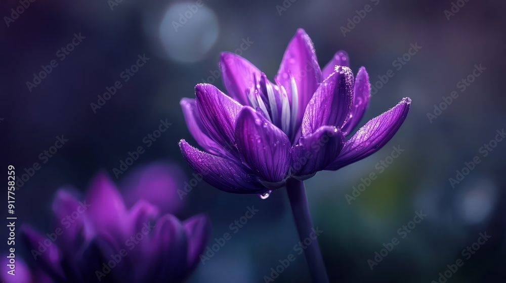 A tight shot of a purple flower, dewdrops glistening on its petals against a softly blurred backdrop A tight shot of a purple flower, dewdrops glistening on its petals against a softly blurred backdrop