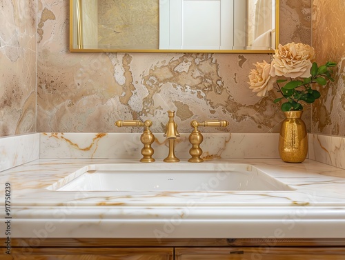 A stylish bathroom with refurbished marble sink and gold fixtures