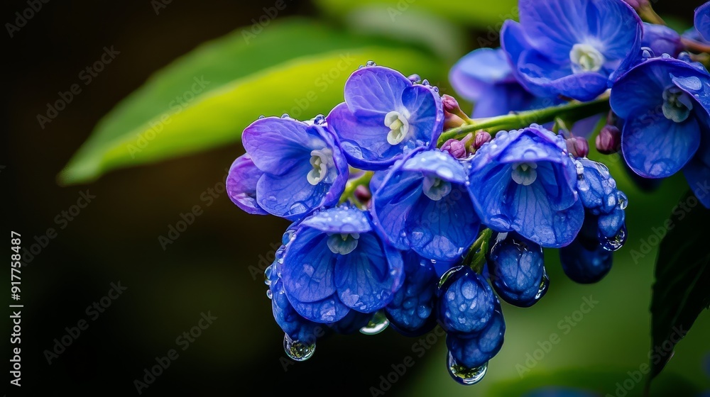 A branch adorned with a blue flower cluster, each bloom sporting water droplets Background consists of verdant, leafy foliage A branch adorned with a blue flower cluster, each bloom sporting water droplets Background consists of verdant, leafy foliage