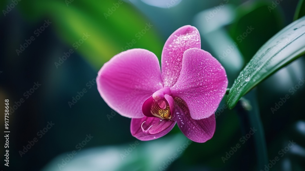 Close-up of a pink flower with dewdrops on its petals and green leaves in the background Close-up of a pink flower with dewdrops on its petals and green leaves in the background