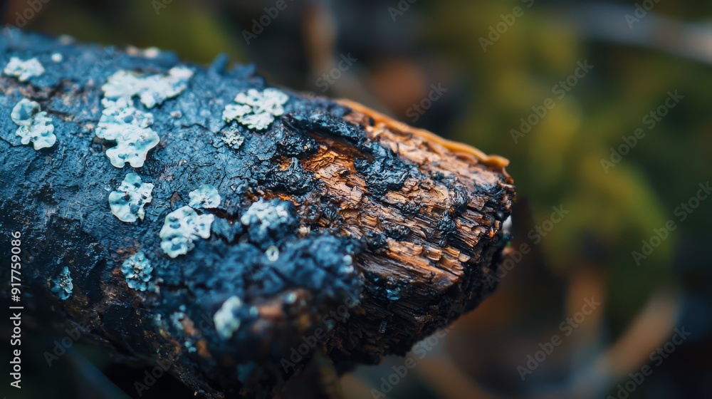 A tight shot of a wooden surface, adorned with white and blue flecks of lichen A tight shot of a wooden surface, adorned with white and blue flecks of lichen