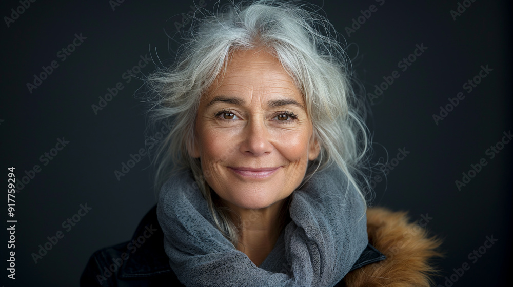 Portrait of woman with gray hair looking at camera smiling Portrait of woman with gray hair looking at camera smiling