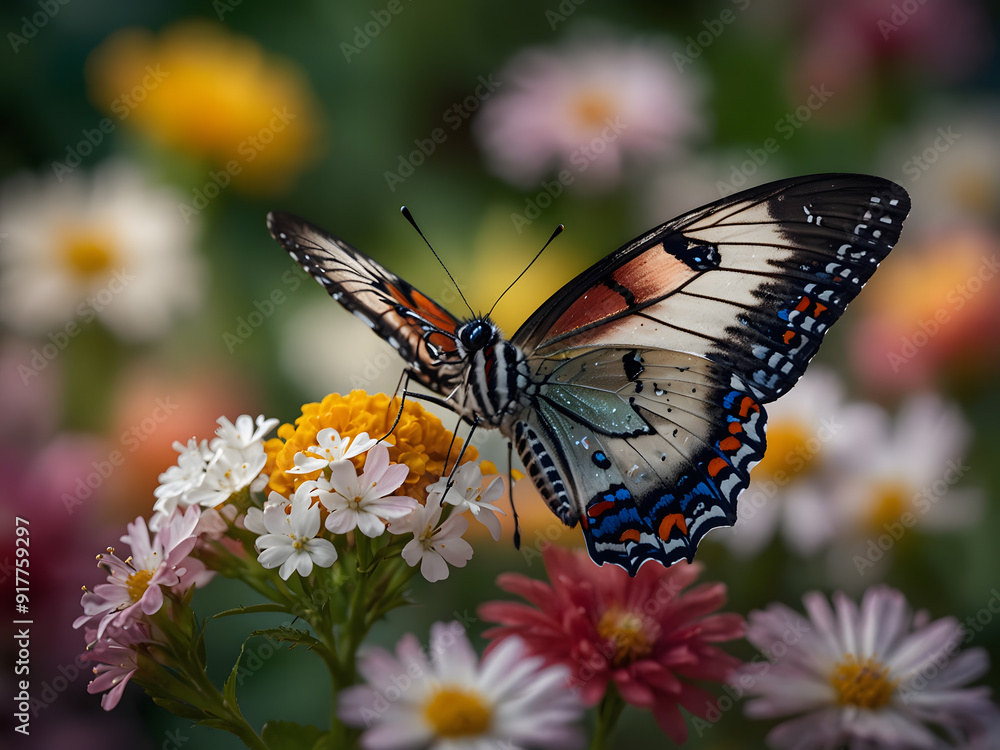 Obraz premium A stunning high-definition photograph, captured using a professional camera, depicts a Pearl Butterfly with colorfu flowers, and dense flowers, The cinematic quality, design
