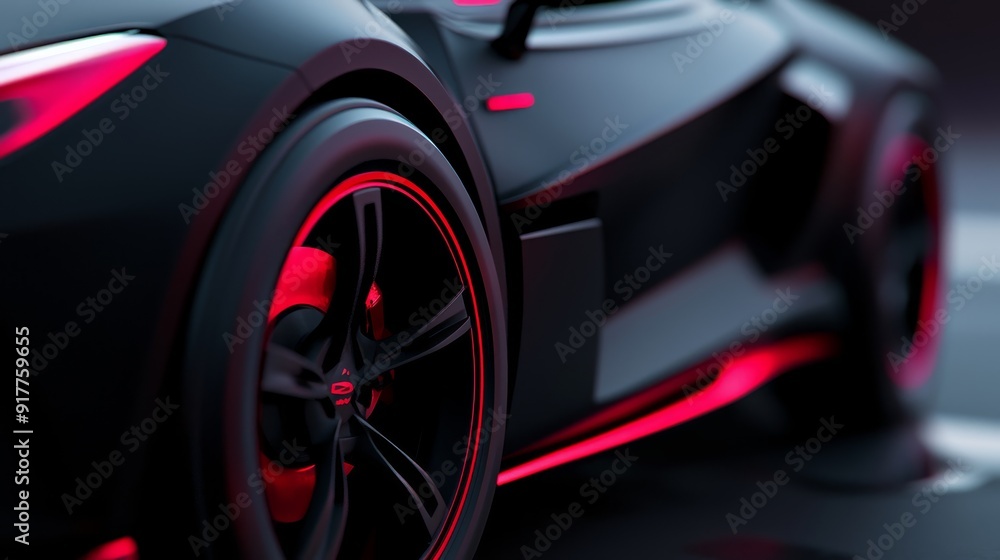 A tight shot of a black sports car, its rims boasting red lights A tight shot of a black sports car, its rims boasting red lights