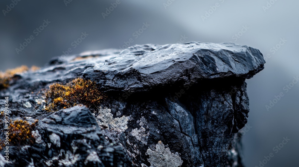 A rock's textured side, adorned with moss, against a backdrop of a dark, ominous sky A rock's textured side, adorned with moss, against a backdrop of a dark, ominous sky